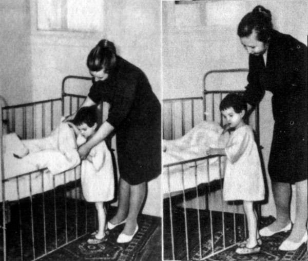 Learning to make the bed
The first attempt to straighten out the bed clothes with the teacher’s aid