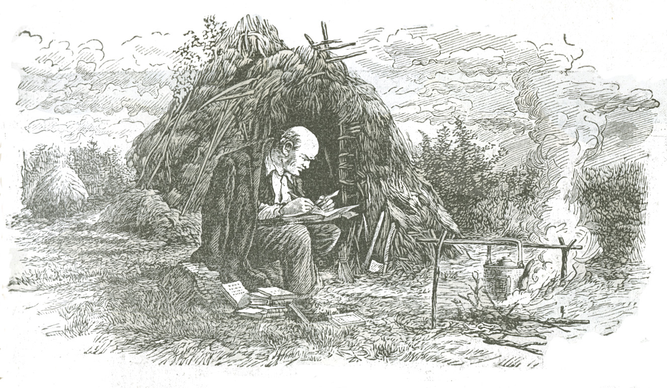 Block print of V. I. Lenin sitting near campfire