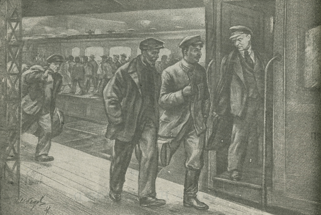 Illustration of V.I. Lenin boarding train