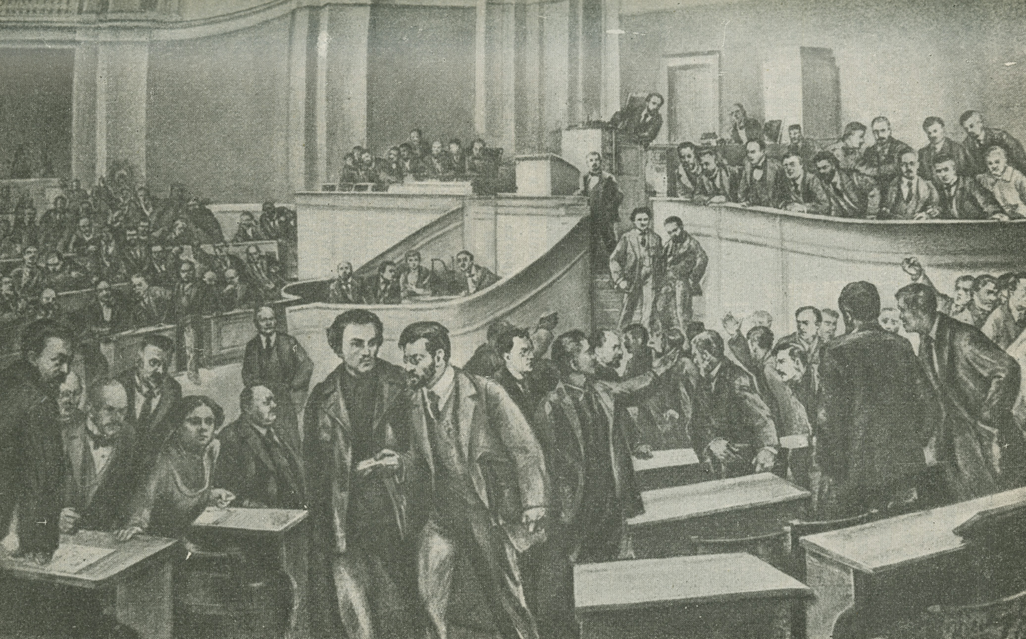 Illustration of Bolsheviks leaving the Pre-Parliament