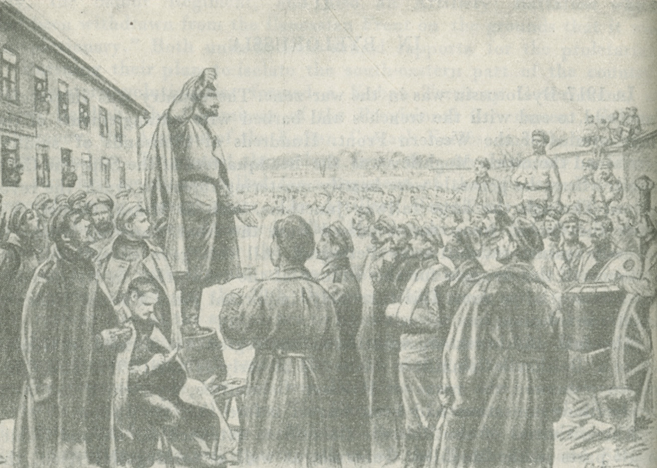 Illustration of Kaganovich addressing a soldiers' meeting in Gomel