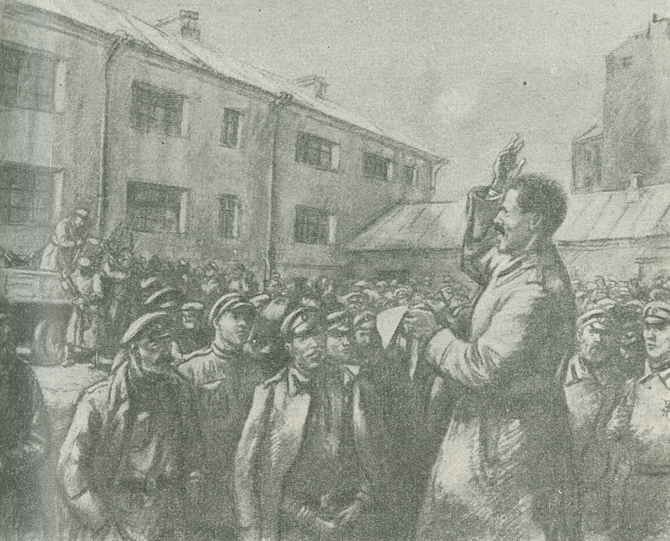 Excerpt from a drawing of a Commissar of the Military Revolutionary Committee addressing a regiment of the Petrograd garrison