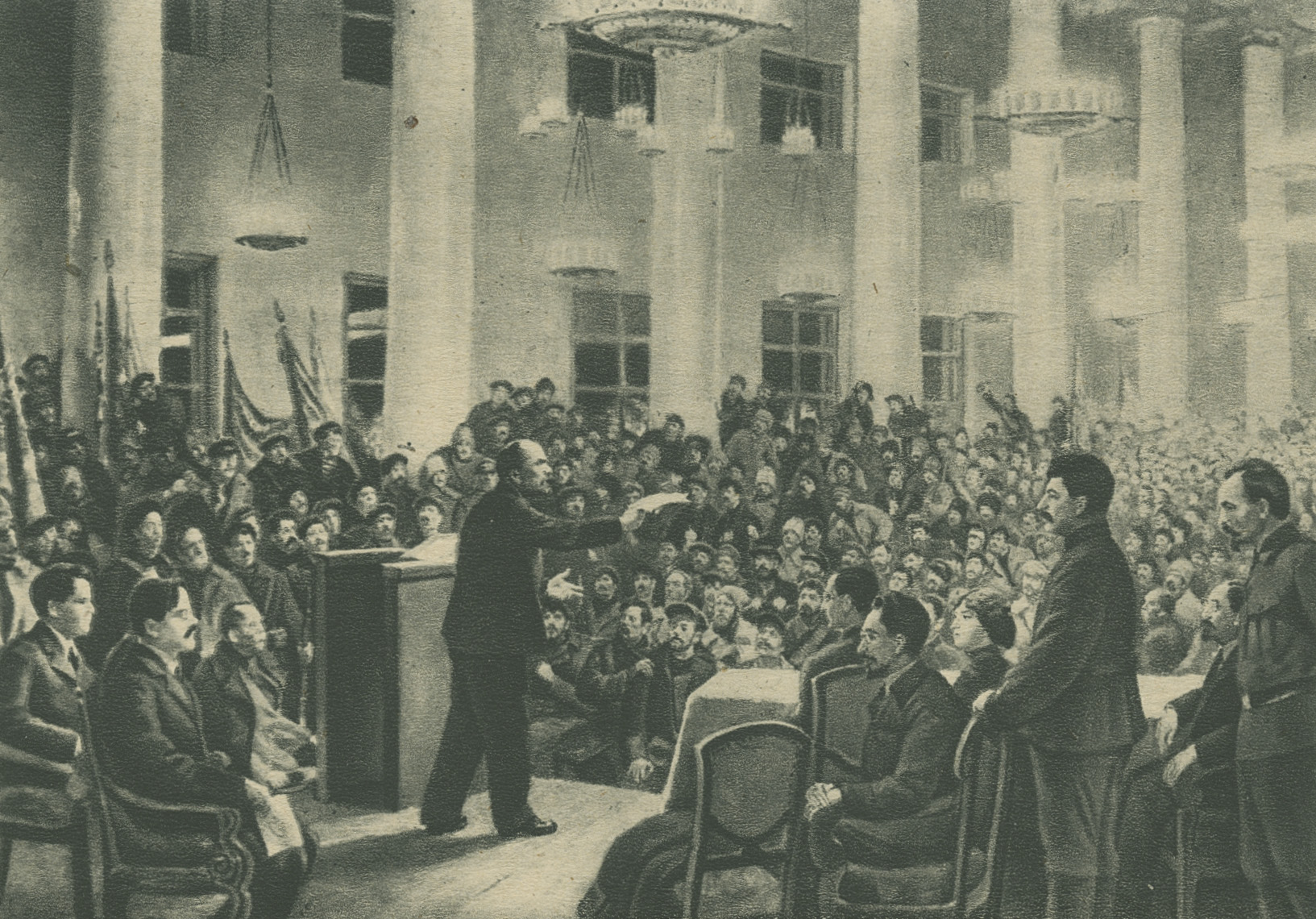 Excerpt from a painting depicting Lenin speaking to the Second All-Russian Congress of Soviets
