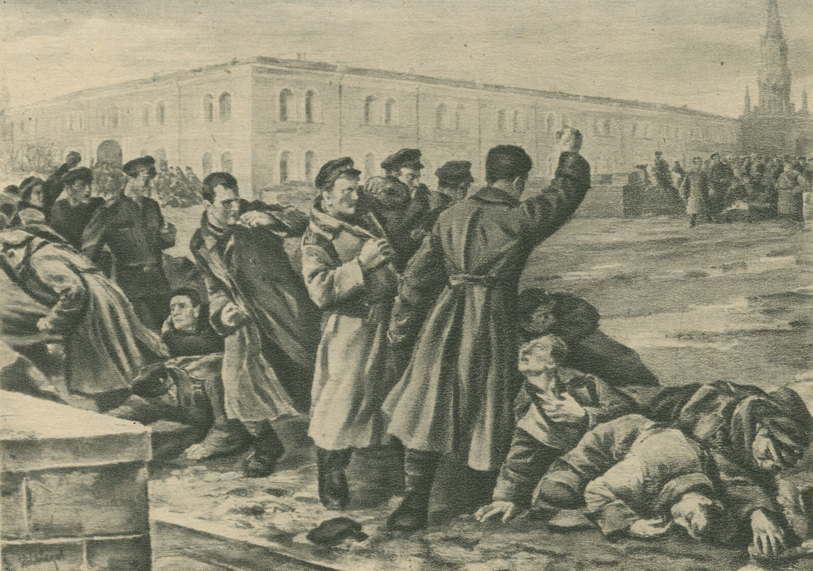 Excerpt from a painting depicting men standing over the dead bodies of executed members of the 56th Regiment