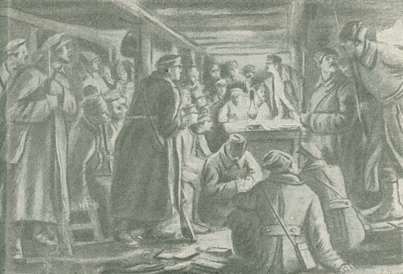 Illustration of Grenadier Corps delegates meeting indoors