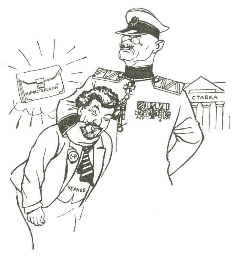 Political cartoon depicting a well-decorated general with his arm around Chernov's head