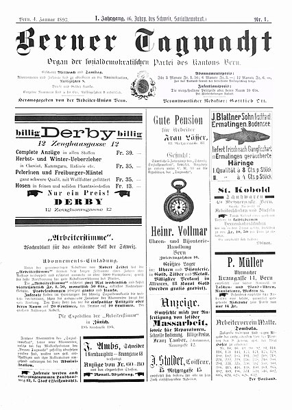 Primeira página da primeira edição do Berner Tagwacht de 4 de janeiro de 1893